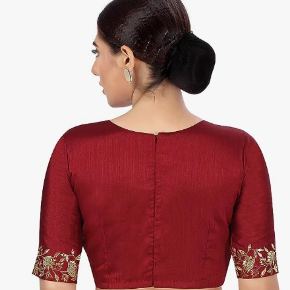 Women's Readymade Silk Embroidered Saree Blouse w/ Elbow Length Sleeves; size 38